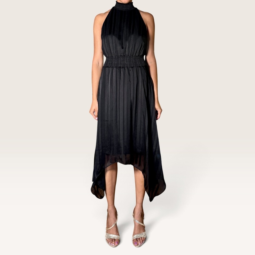 Sam Edelman Tonal Stripe Shark Bite Hem Halter Midi Dress Black US 4 Whimsigoth